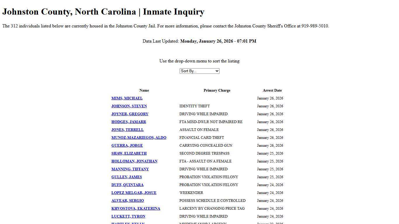 Johnston County, North Carolina Inmate Inquiry